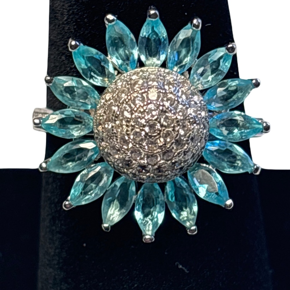 Blue and Silver Floral Ring 925 sterling silver Size 9